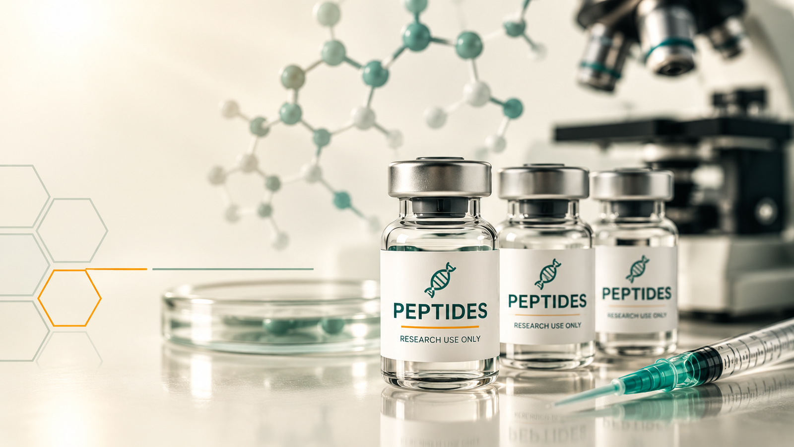 Peptide research vials, microscope, and syringe